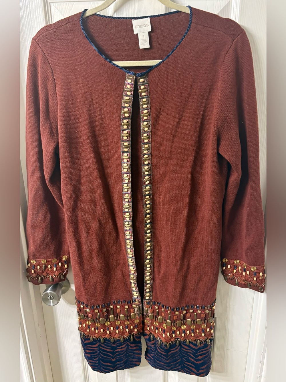 CHICO’S OPEN FRONT LONG Rust/Blue CARDIGAN / COAT W HEAVY BEADING-sz 1-8-10